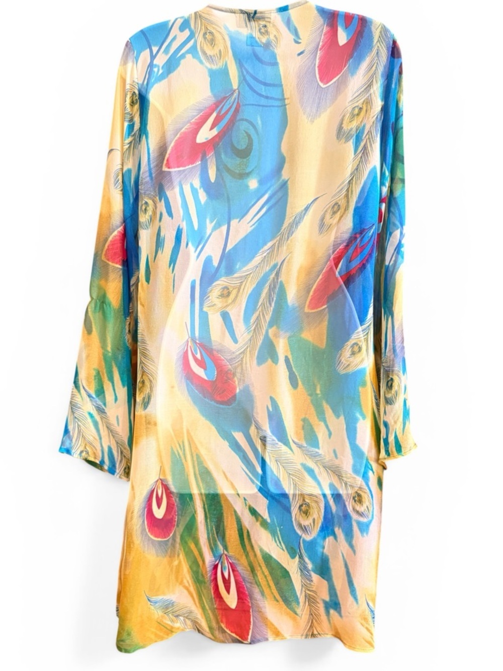 Vintage Anis A 100% Silk Tunic Dress L Beaded Feather Print Boho Resort Luxe - Picture 5 of 14